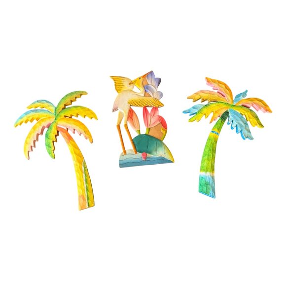 Other - Hand-Painted Wooden Coastal Wall Decor - Flamingo & Palm Tree Set - Tropical The